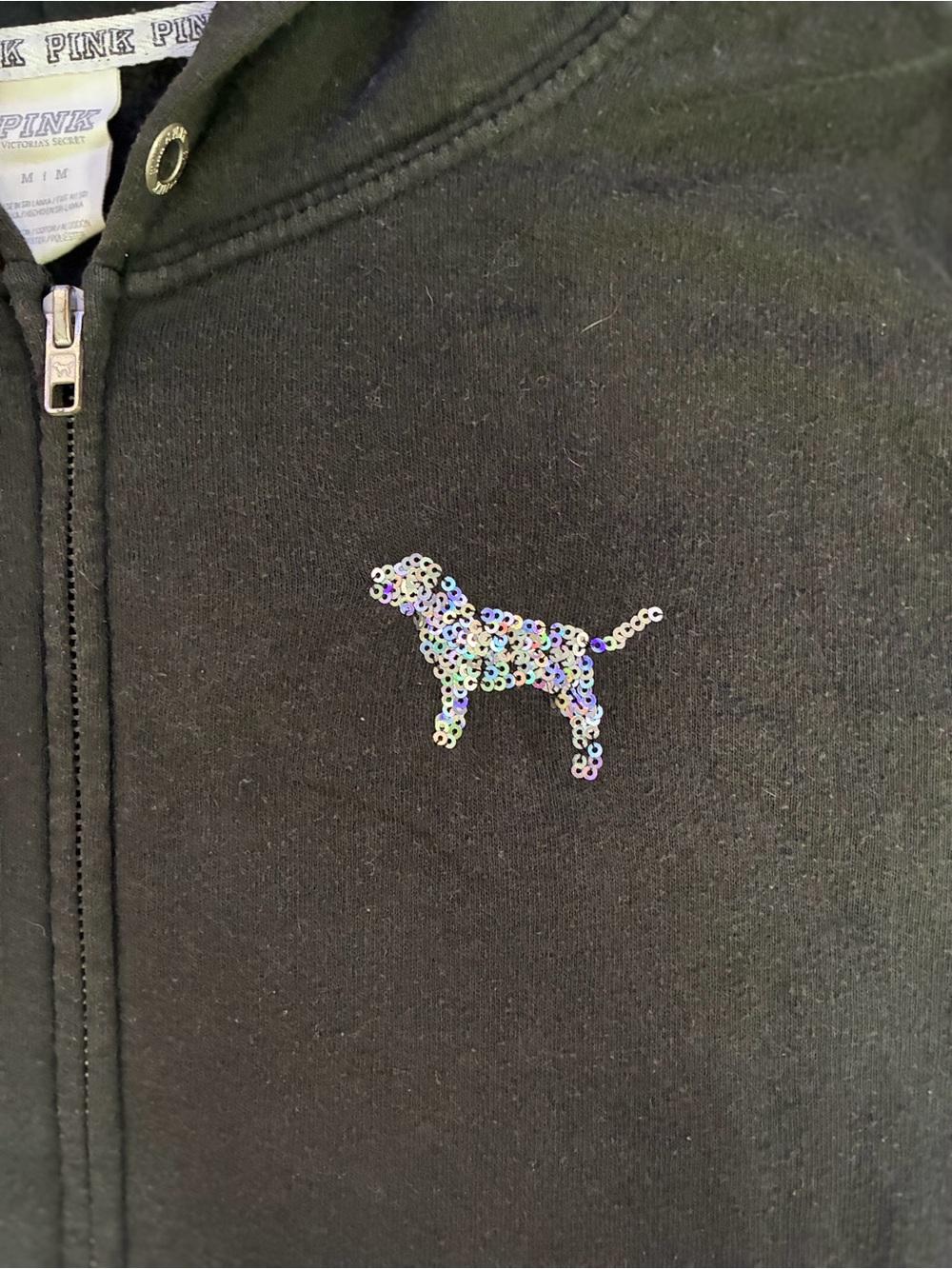 Victorias Secret PINK Y2K 2010s Sequin Bling Lounge Zip Up Hoodie Logo Black S - Picture 3 of 9